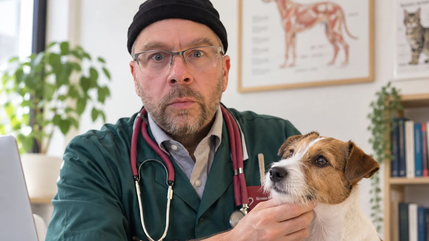 Loomaarst Kenno Ruul koos Jack Russelli terjeriga veterinaarnõustamisel.